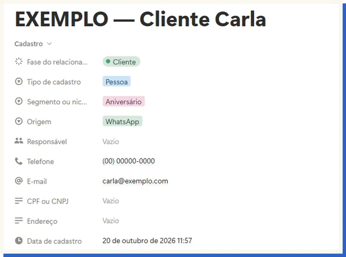 Ficha de uma cliente de exemplo no sistema, com telefone e origem