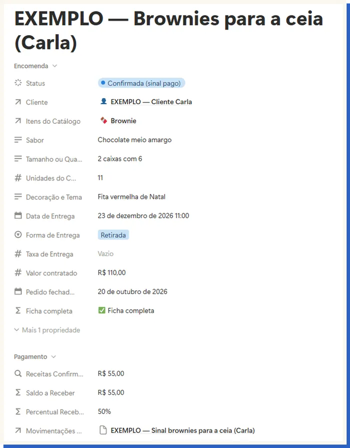 Ficha de uma encomenda de exemplo ligada à cliente, com sinal e data de entrega